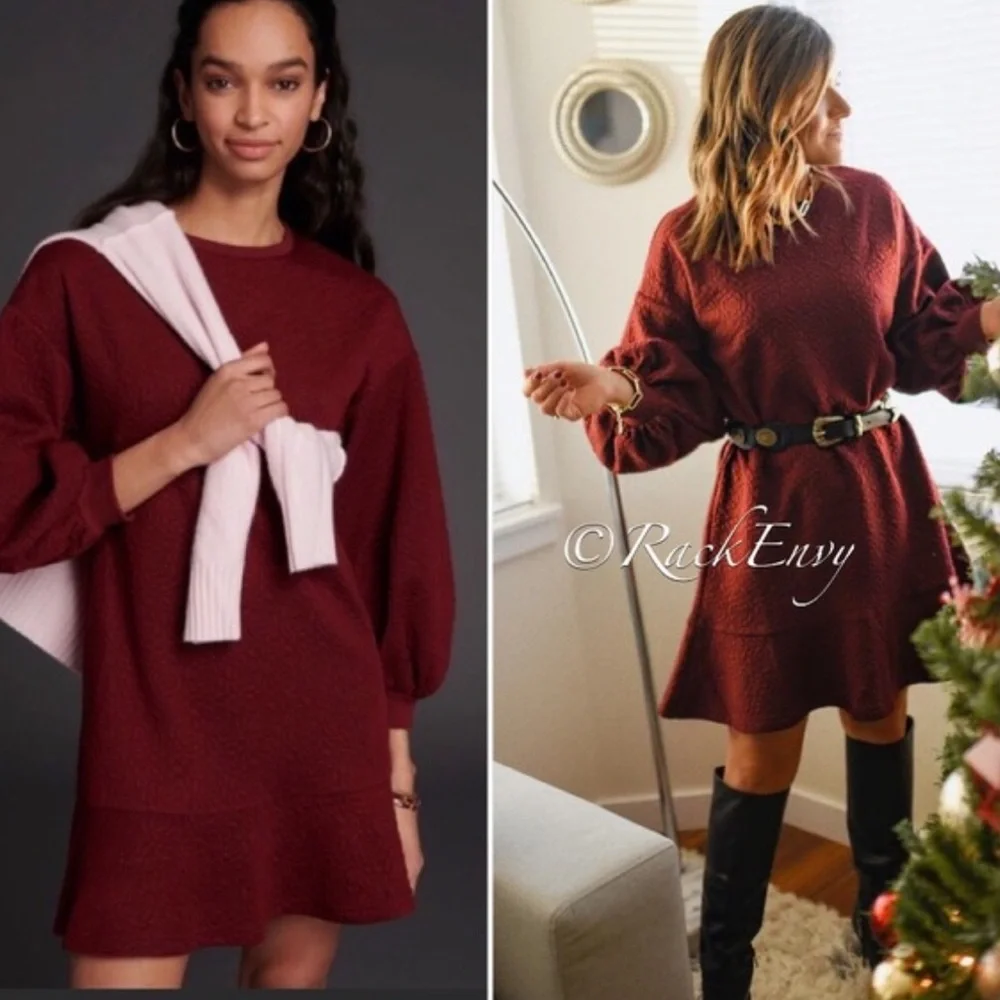 H23 Anthropologie‎ Mare Mare Odila Texture Floral Knit Tunic Dress Wine Red